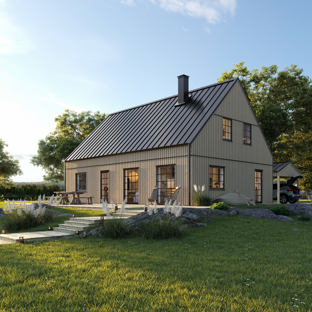 Rött Villa Tyresund modern exteriör med trädgård