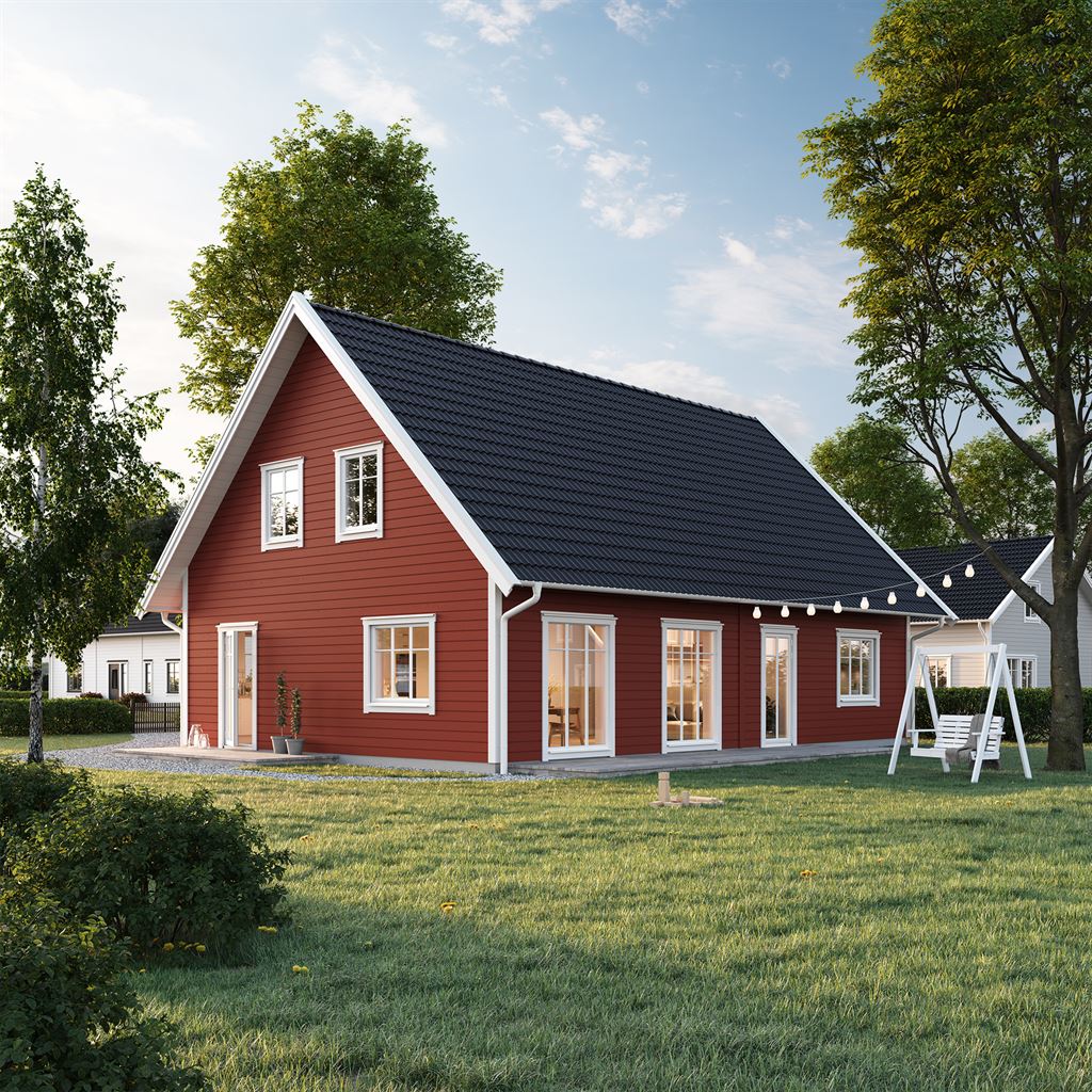 Rött Villa Tyresund exteriör med vita knutar i  klassisk stil