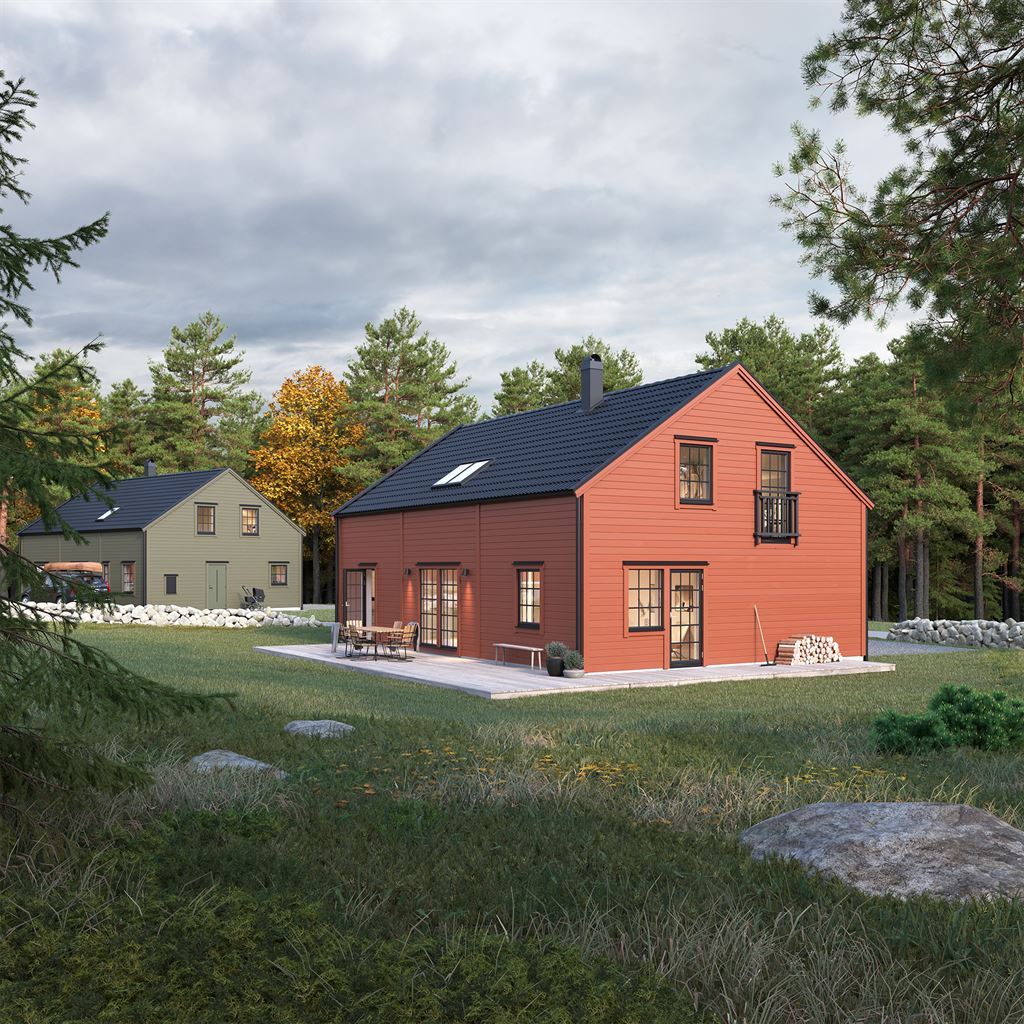 Rött Villa Björkösund exteriör i modern stil i skog