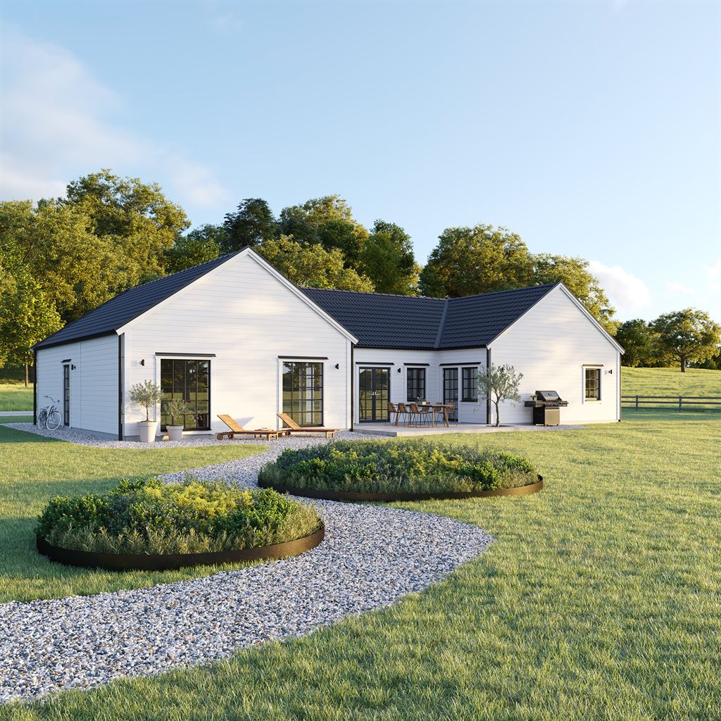 Villa Svanvik modernt H-hus med svarta detaljer och trädgård