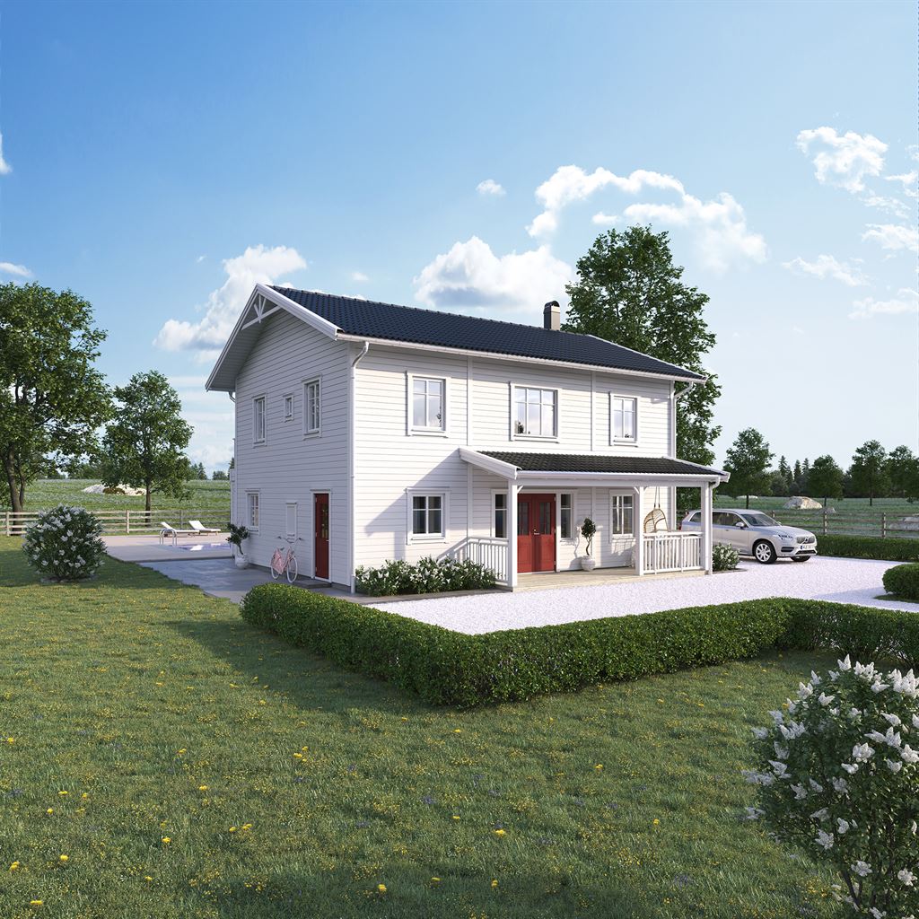 2-plans villa från A-hus med vit fasad, spröjs på fönster, svart tak och veranda
